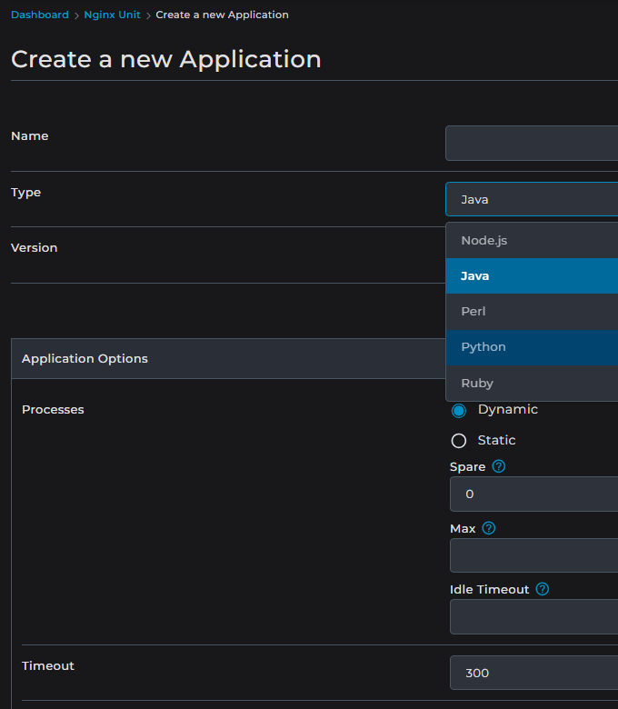 DirectAdmin: Nginx Unit - Create a new application